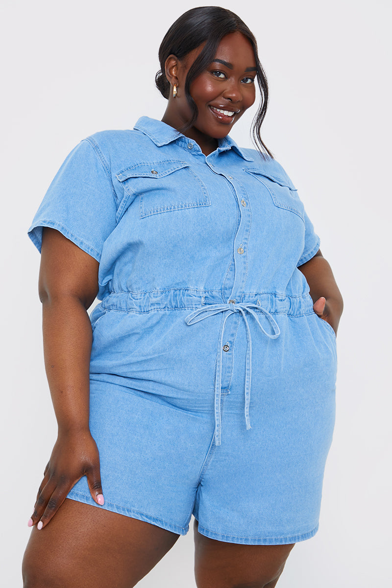 Chambray Button Through Drawstring Playsuit