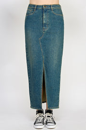Vintage Wash Split Detail Denim Maxi Skirt
