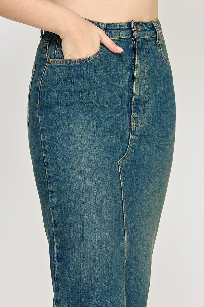 Vintage Wash Split Detail Denim Maxi Skirt