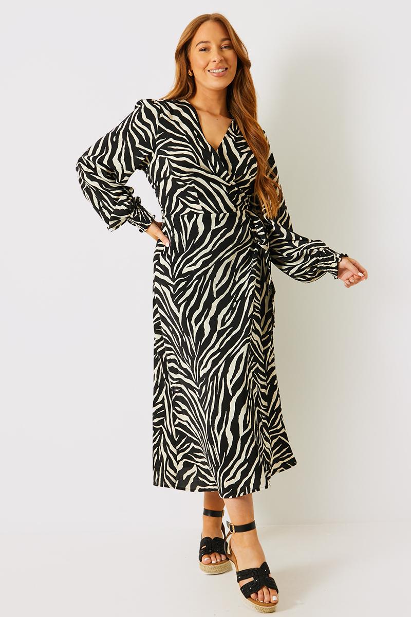 Zebra Woven Printed Wrap Midi Dress