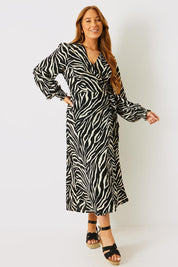 Zebra Woven Printed Wrap Midi Dress