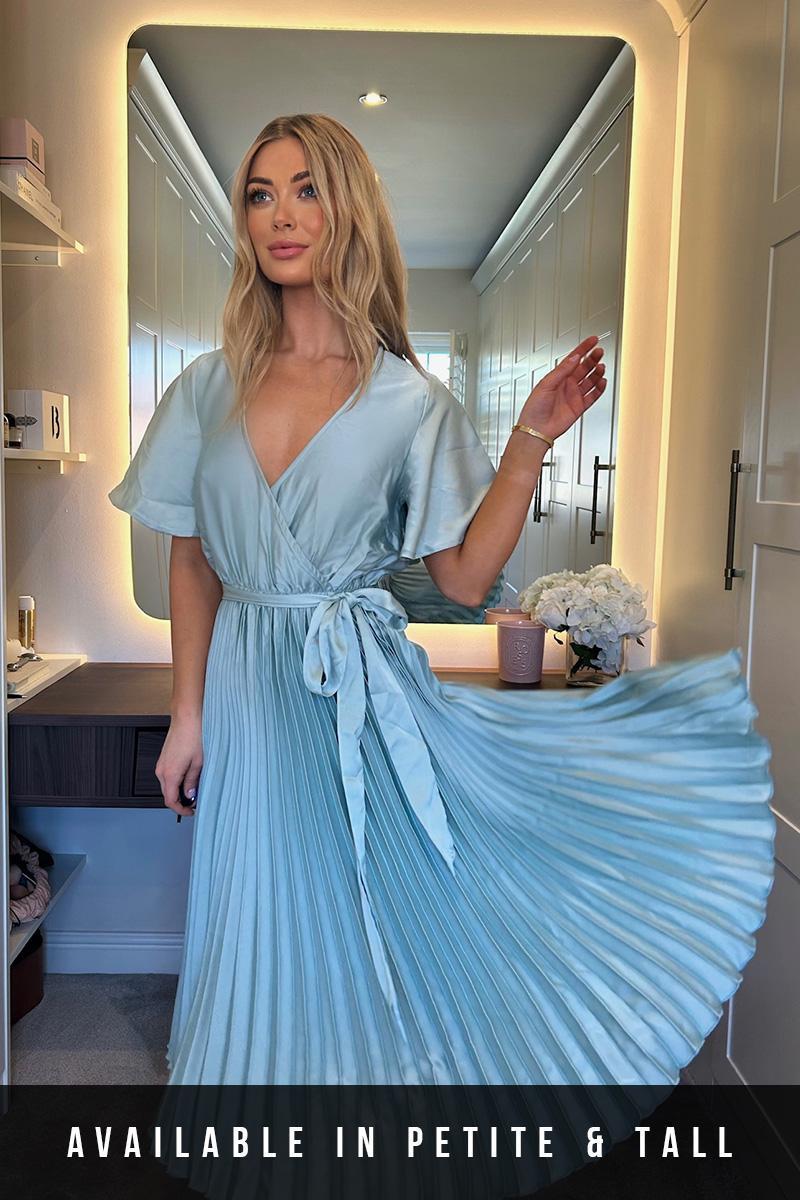 Angel Sleeve Pleated Wrap Midi Dress