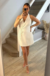 White Tailored Halterneck Mini Dress with Bow Detail