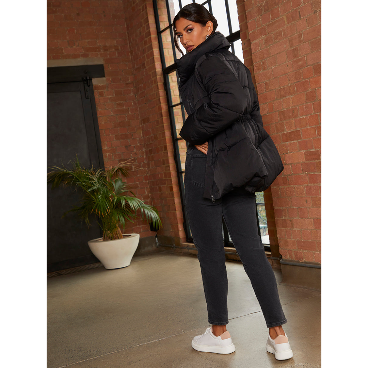 Chi Chi London Shirred Waist Short Padded Jacket in Black