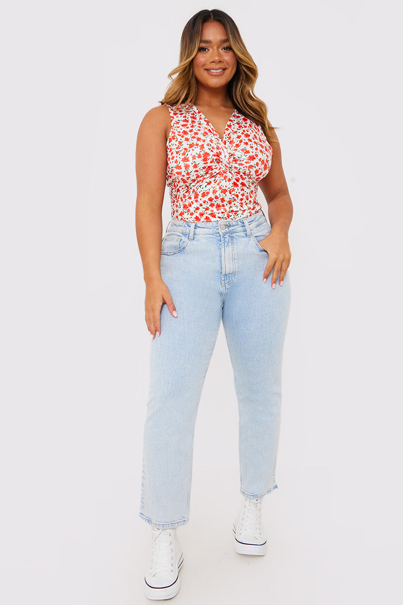 Floral Print Twist Front Sleeveless Bodysuit