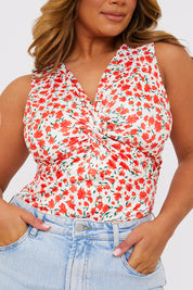Floral Print Twist Front Sleeveless Bodysuit