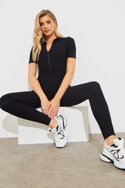 Short Sleeve Collared Half Zip Sculpt and Control Full length Unitard