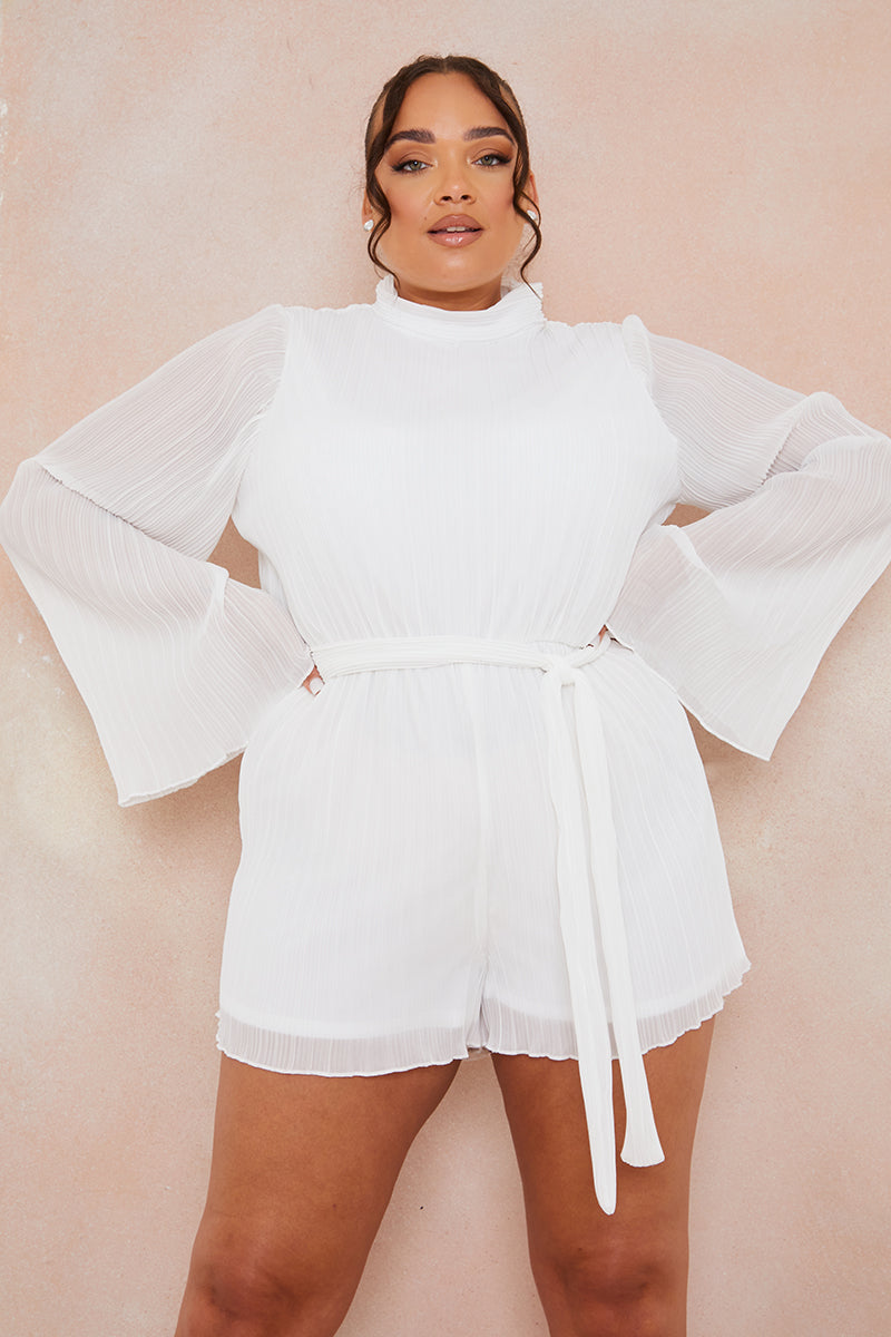 Plisse High Neck Tie Waist Playsuit