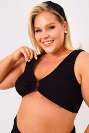 Textured Crinkle Scoop Neck Ring Detail Bikini Top