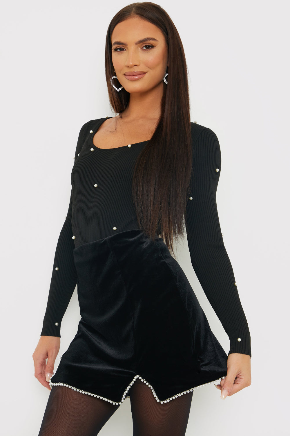 Velvet Faux Pearl Mini Skirt – InTheStyle