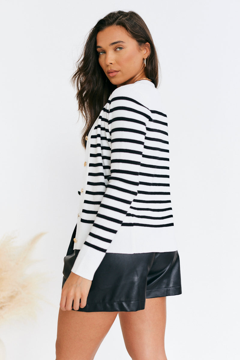 Rib Knit Button Up Stripe Cardigan