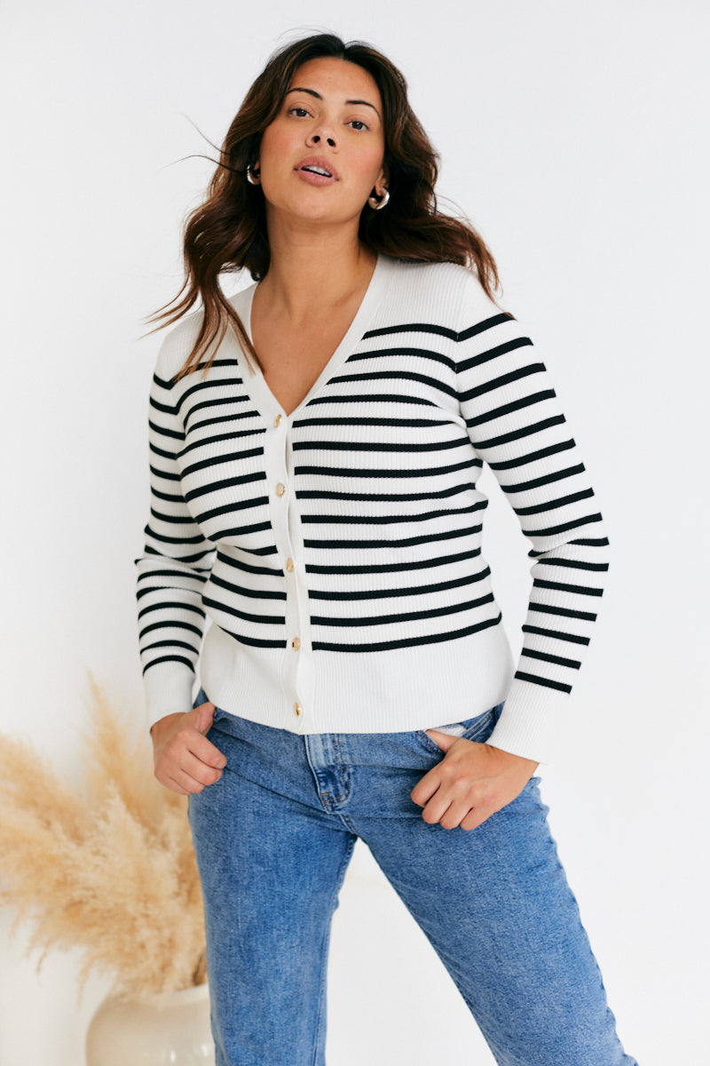 Rib Knit Button Up Stripe Cardigan