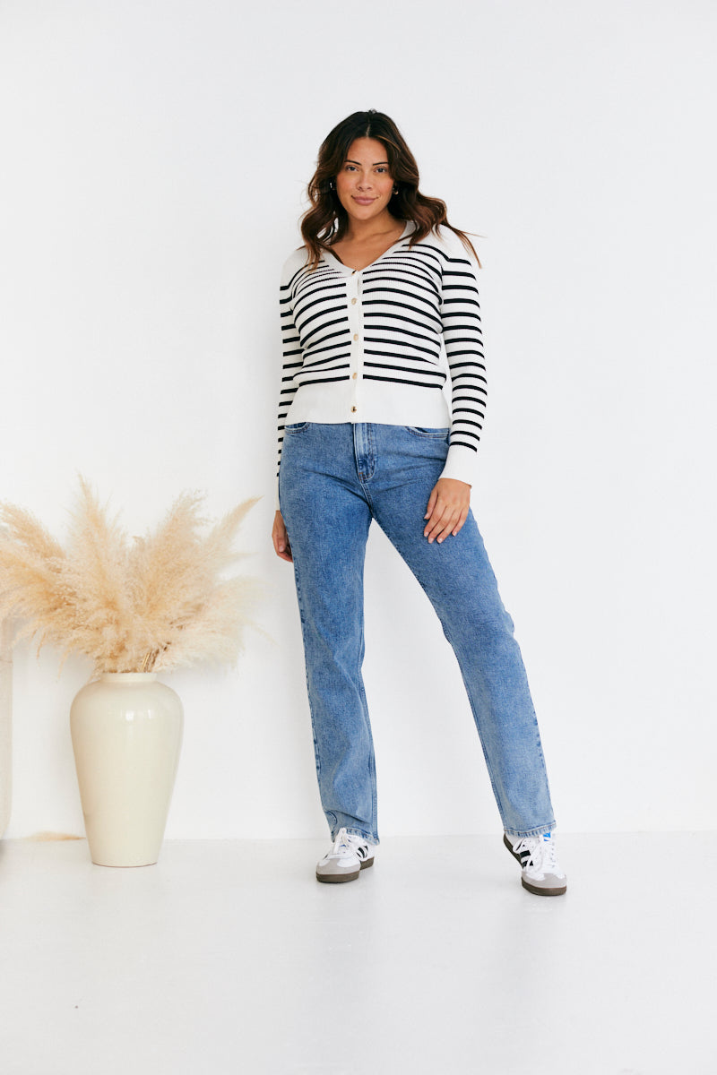 Rib Knit Button Up Stripe Cardigan