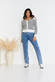 Rib Knit Button Up Stripe Cardigan