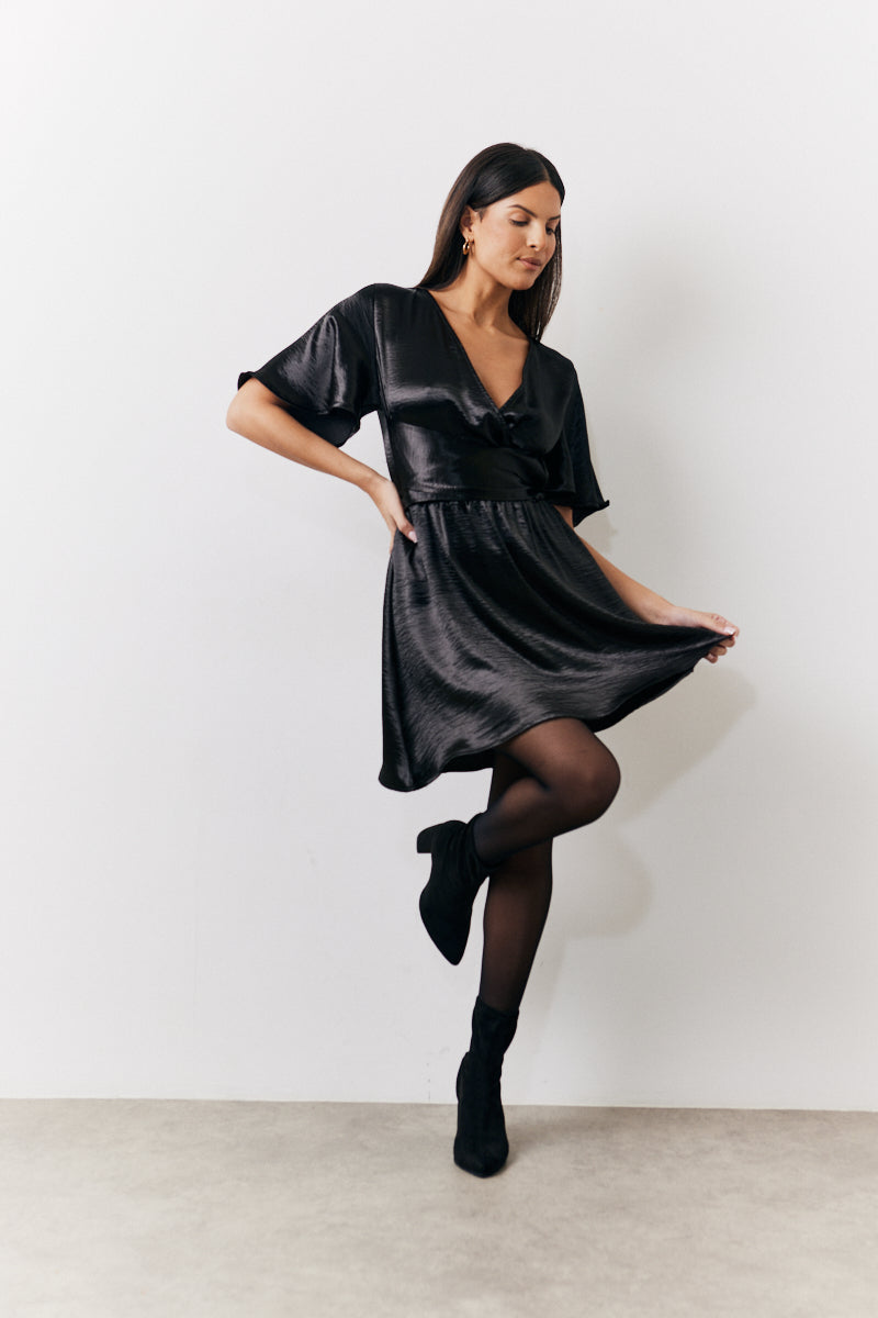 Black Liquid Satin Wrap Front Detail Mini Dress – InTheStyle