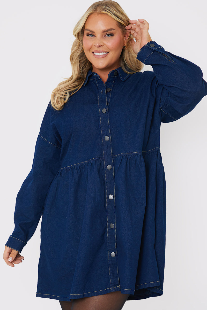 Dark Wash Denim Mini Smock Shirt Dress