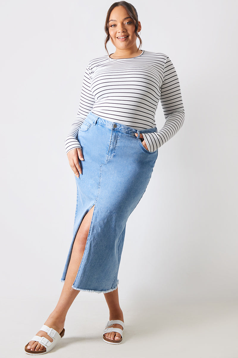 Denim Split Detail Midi Skirt