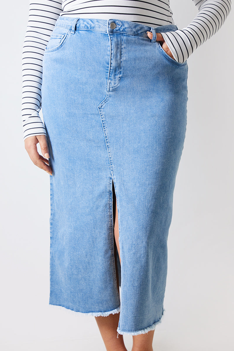Denim Split Detail Midi Skirt