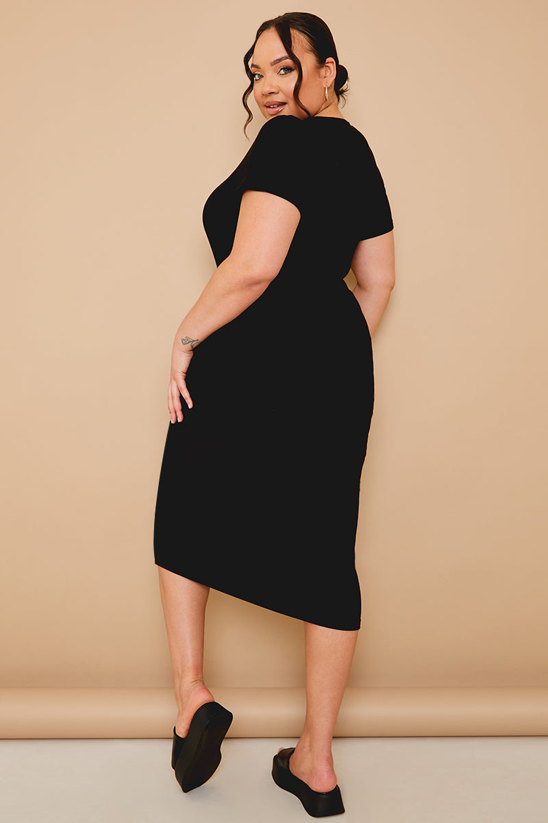 Ribbed Crew Neck Short Sleeve Midi Dress