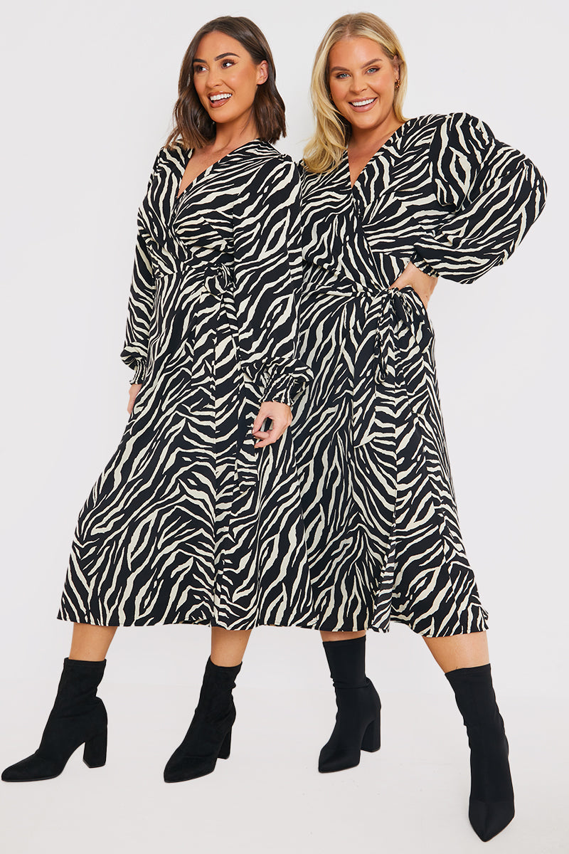 Zebra Woven Printed Wrap Midi Dress