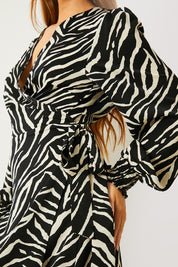 Zebra Woven Printed Wrap Midi Dress