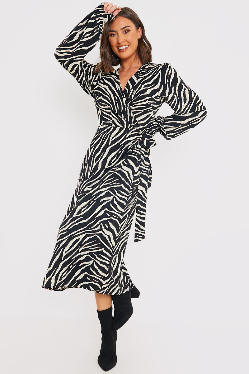 Zebra Woven Printed Wrap Midi Dress