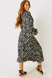 Zebra Woven Printed Wrap Midi Dress
