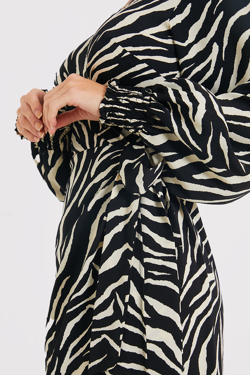 Zebra Woven Printed Wrap Midi Dress