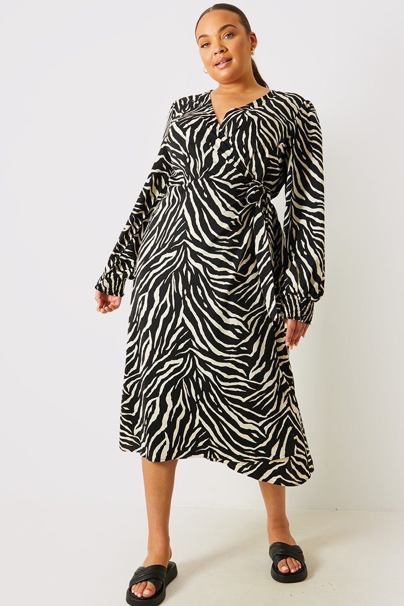 Zebra Woven Printed Wrap Midi Dress