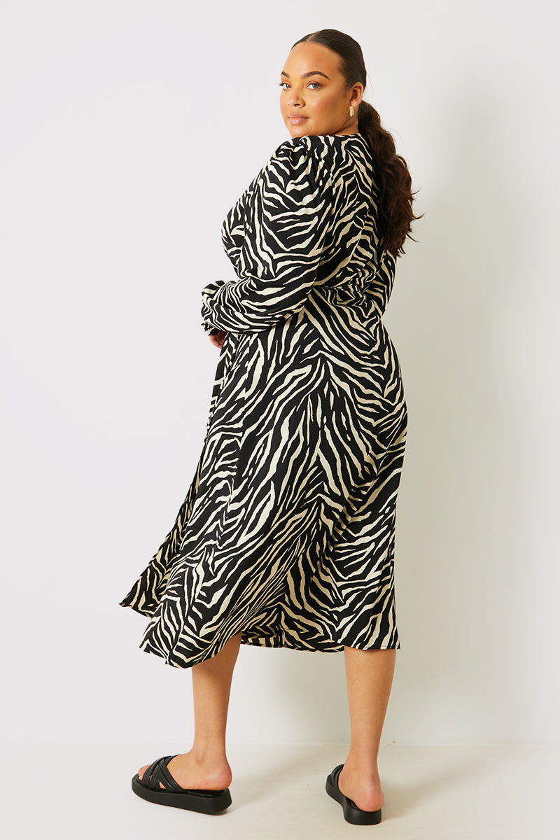 Zebra Woven Printed Wrap Midi Dress