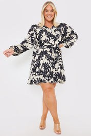 V Neck Balloon Sleeve Godet Mini Dress