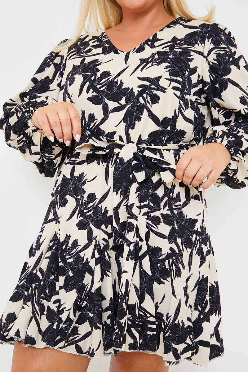 V Neck Balloon Sleeve Godet Mini Dress