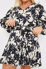 V Neck Balloon Sleeve Godet Mini Dress