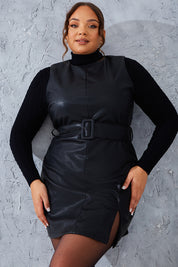 Sleeveless Belted Pu Dress