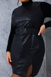 Sleeveless Belted Pu Dress