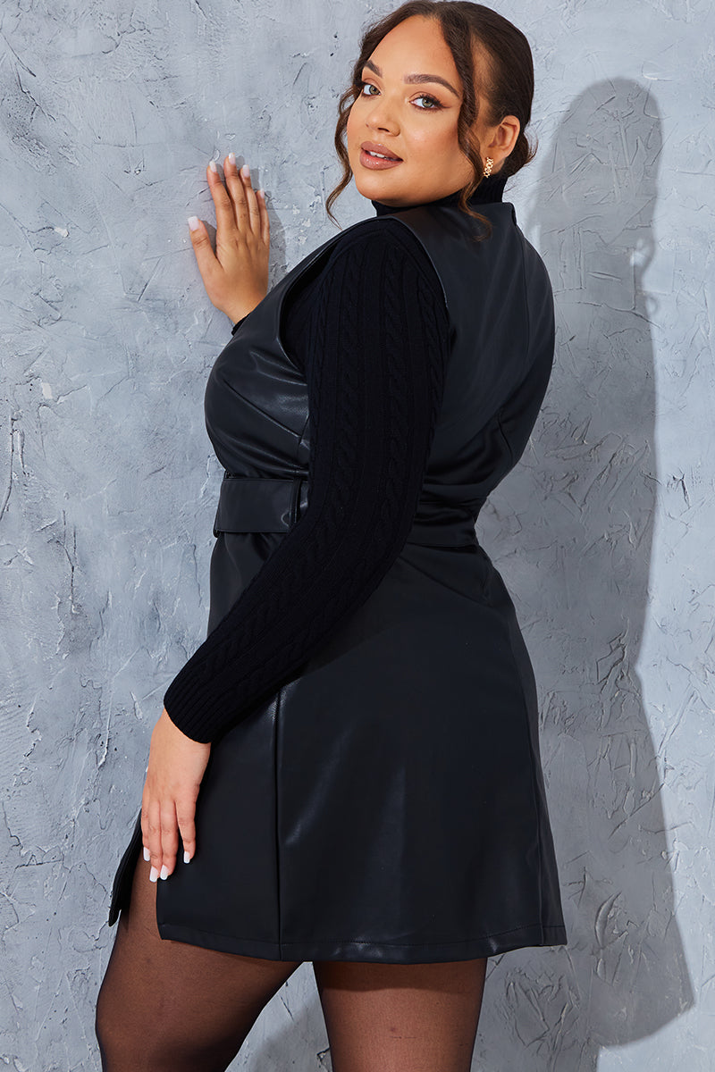 Sleeveless Belted Pu Dress