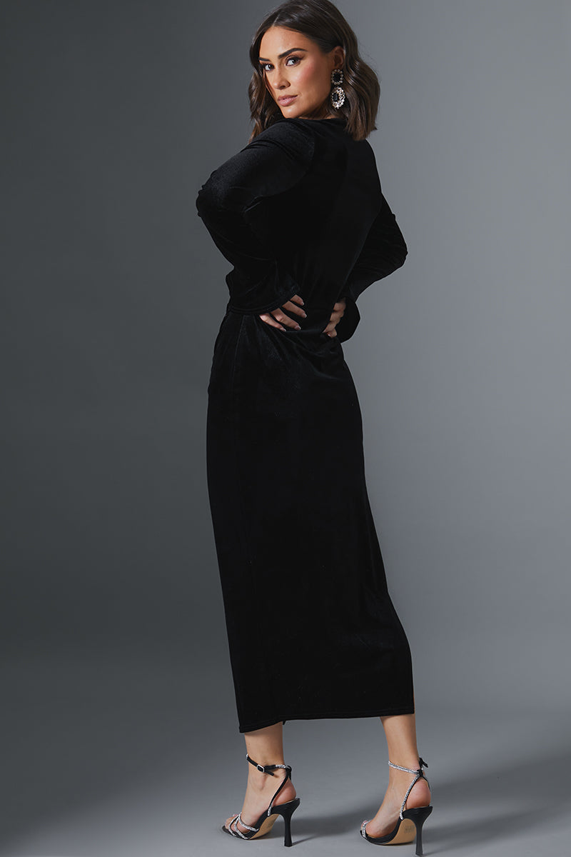 Velvet Asymmetric Midi Dress With Flared Cuff