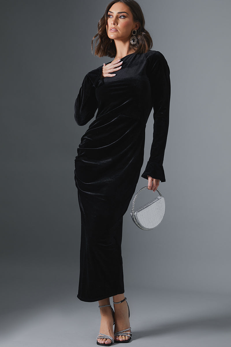 Velvet Asymmetric Midi Dress With Flared Cuff