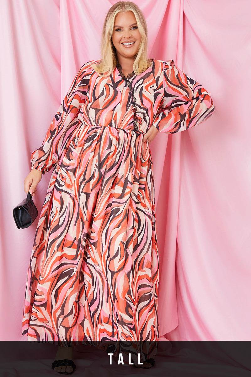 Abstract Print V Wrap Lace Trim Maxi Dress - InTheStyle