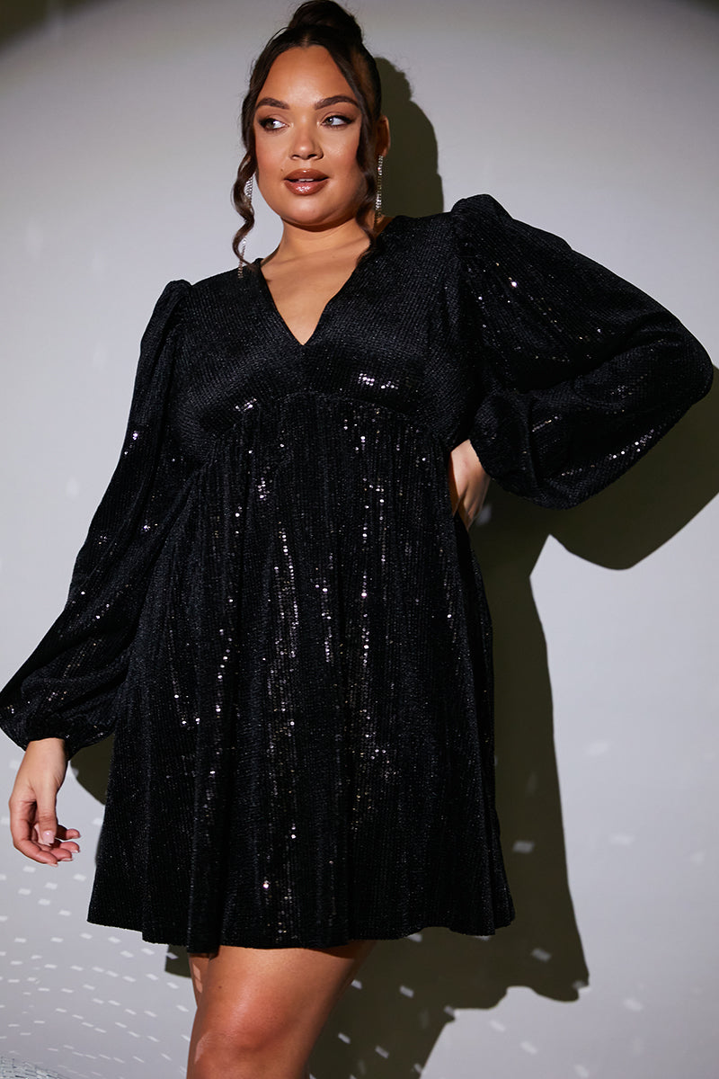 Sequin V Neck Smock Dress