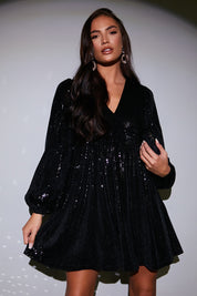 Sequin V Neck Smock Dress