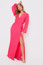 Plisse Ballon Sleeve Maxi Dress