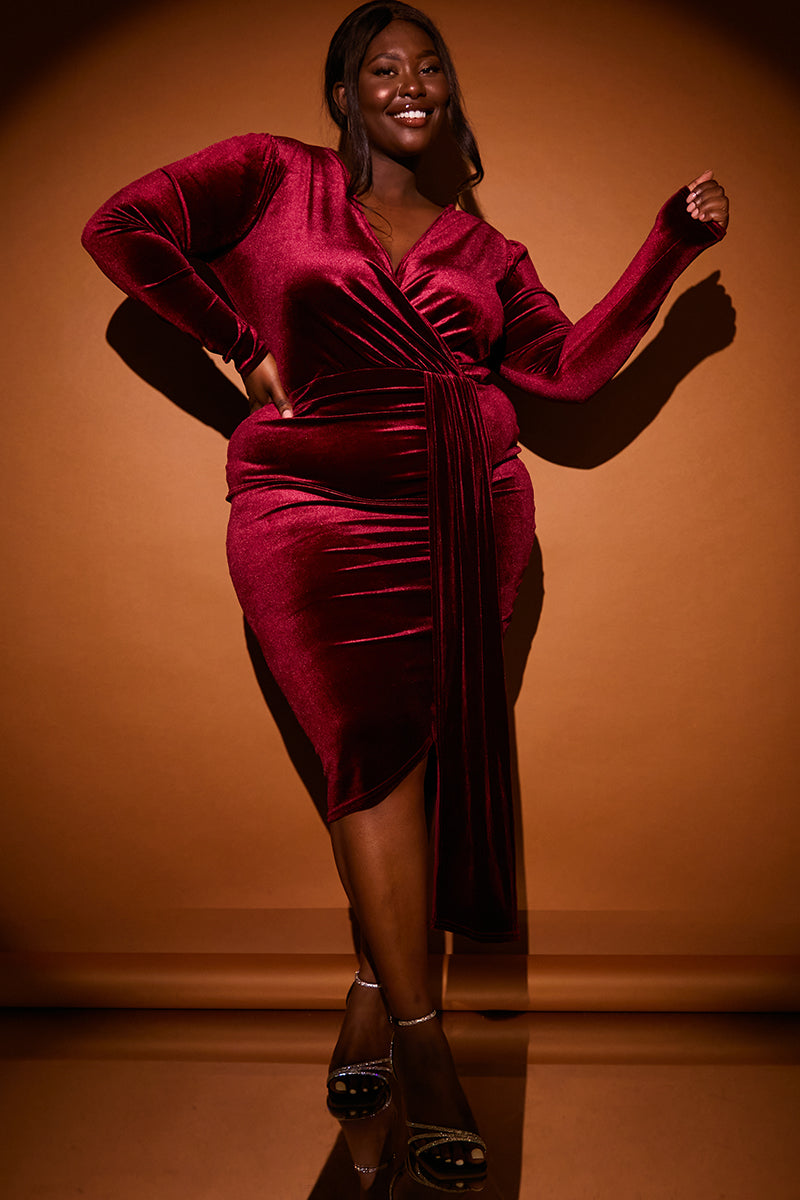Velvet Wrap Front Drape Midi Dress
