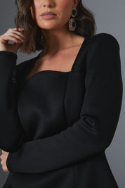 Black Square Neck Sinched Waist Structured Mini Dress