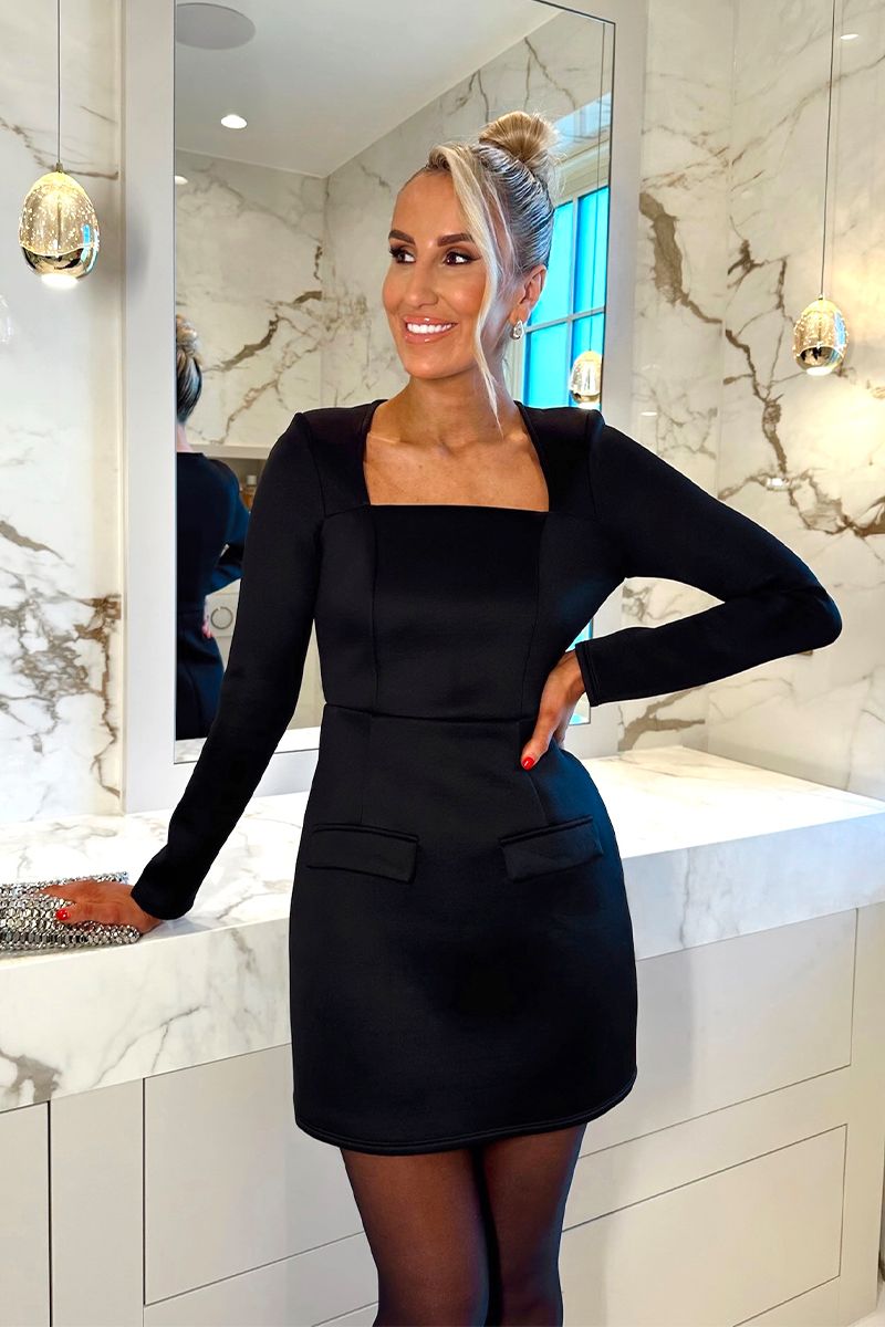 Black Square Neck Sinched Waist Structured Mini Dress