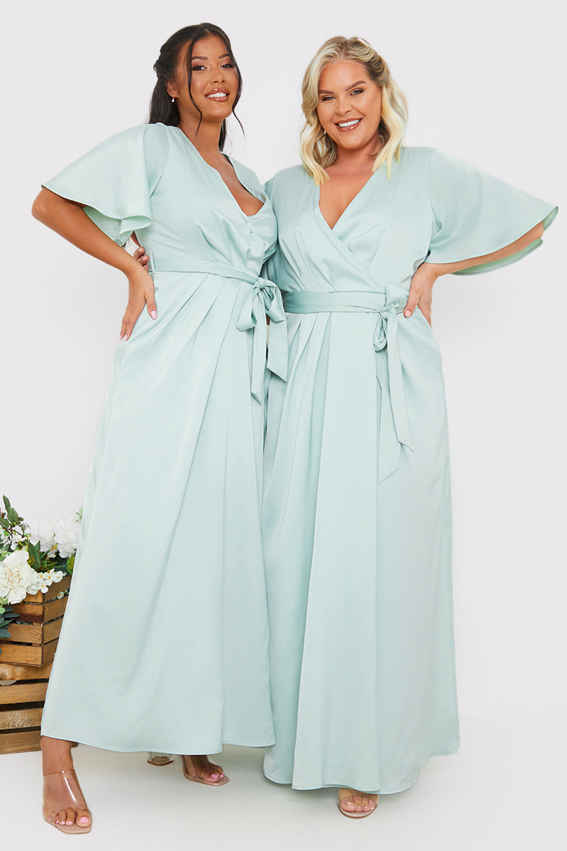 Satin Flutter Sleeve Tie Waist Wrap Dress