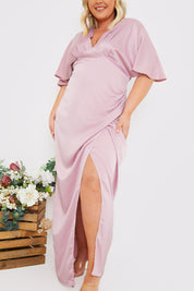Satin Flutter Sleeve GatheSide Dress