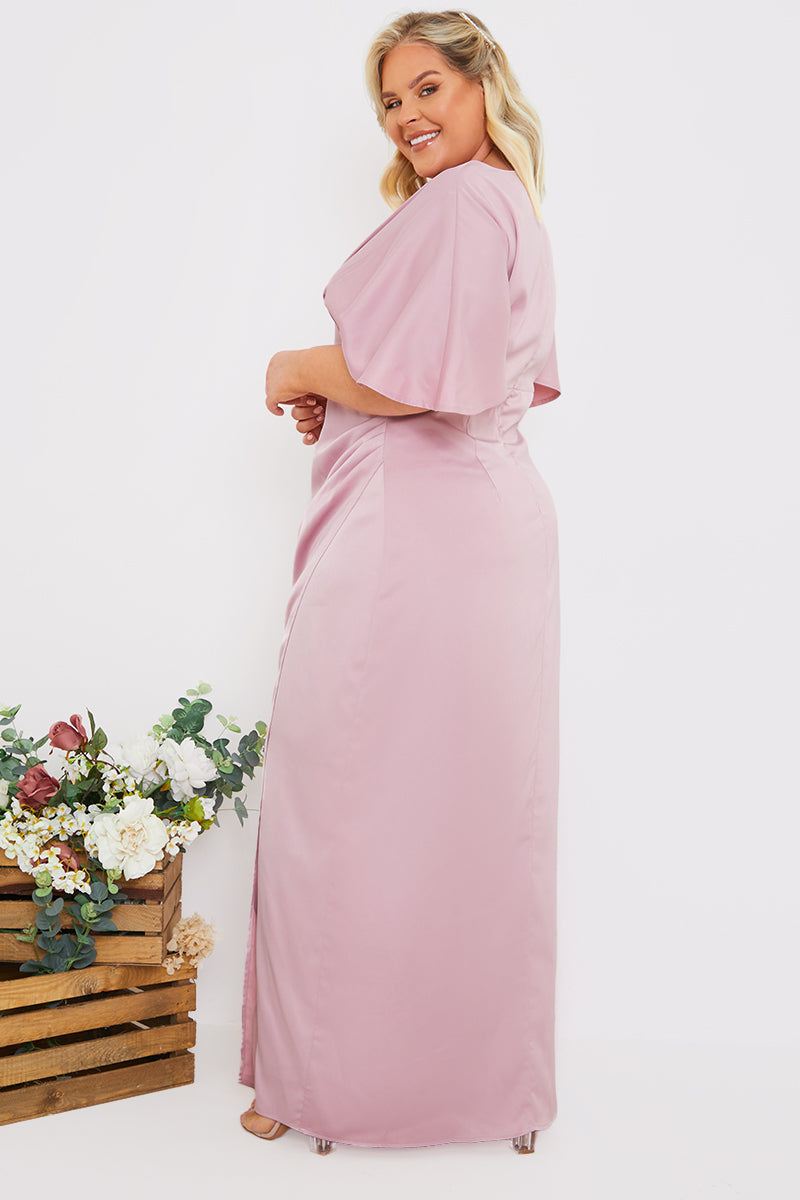 Satin Flutter Sleeve GatheSide Dress