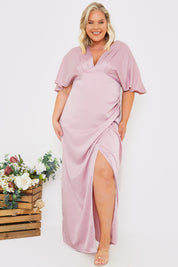 Satin Flutter Sleeve GatheSide Dress