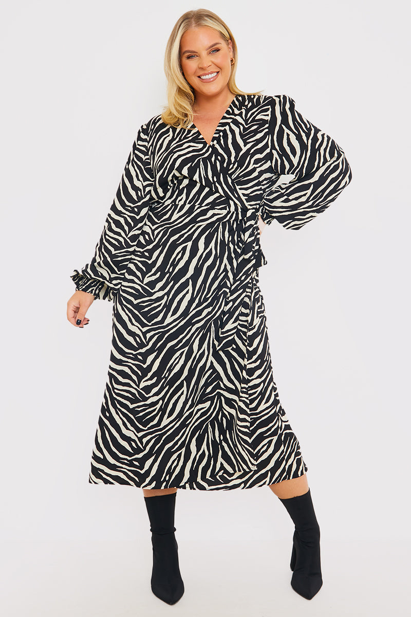Zebra Woven Printed Wrap Midi Dress